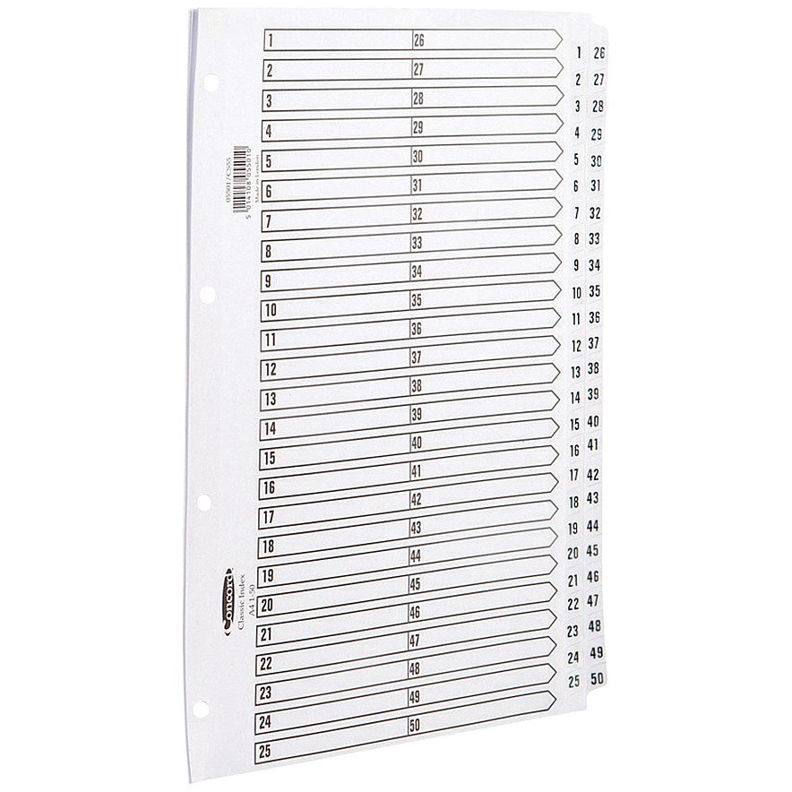 Concord Reinforced Board Index Dividers, 1-50, Clear Tabs, A4, White