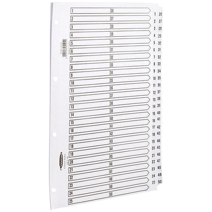 Concord Reinforced Board Index Dividers, 1-50, Clear Tabs, A4, White