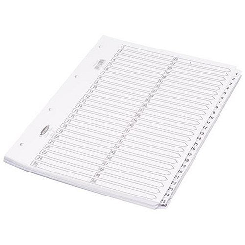 Concord Reinforced Board Index Dividers, 1-50, Clear Tabs, A4, White