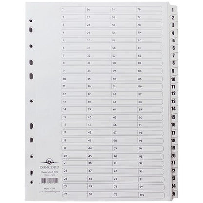 Concord Reinforced Board Index Dividers, 1-100, Clear Tabs, A4, White
