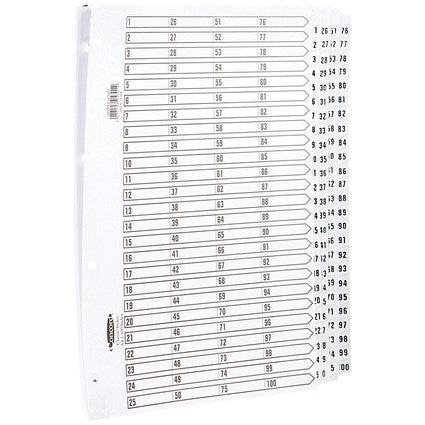 Concord Reinforced Board Index Dividers, 1-100, Clear Tabs, A4, White