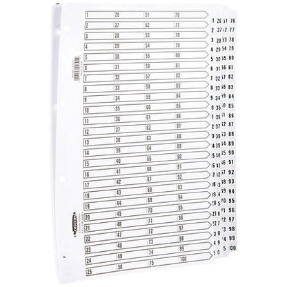 Concord Reinforced Board Index Dividers, 1-100, Clear Tabs, A4, White