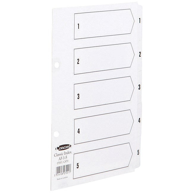 Concord Reinforced Board Index Dividers, 1-5, Clear Tabs, A4, White