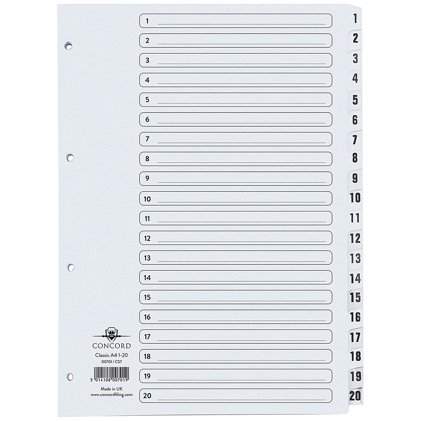Concord Reinforced Board Index Dividers, 1-20, Clear Tabs, A4, White