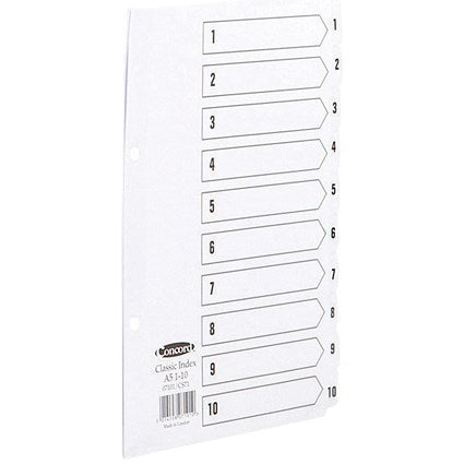 Concord Reinforced Board Index Dividers, 1-10, Clear Tabs, A5, White