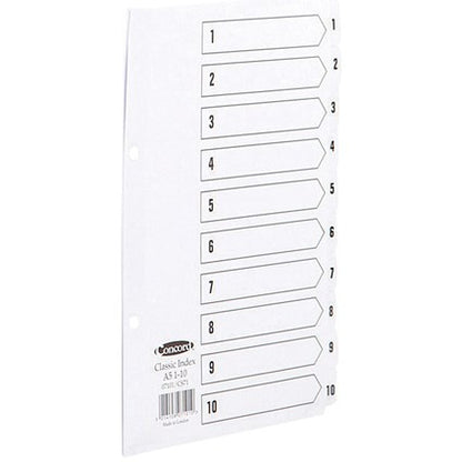 Concord Reinforced Board Index Dividers, 1-10, Clear Tabs, A5, White
