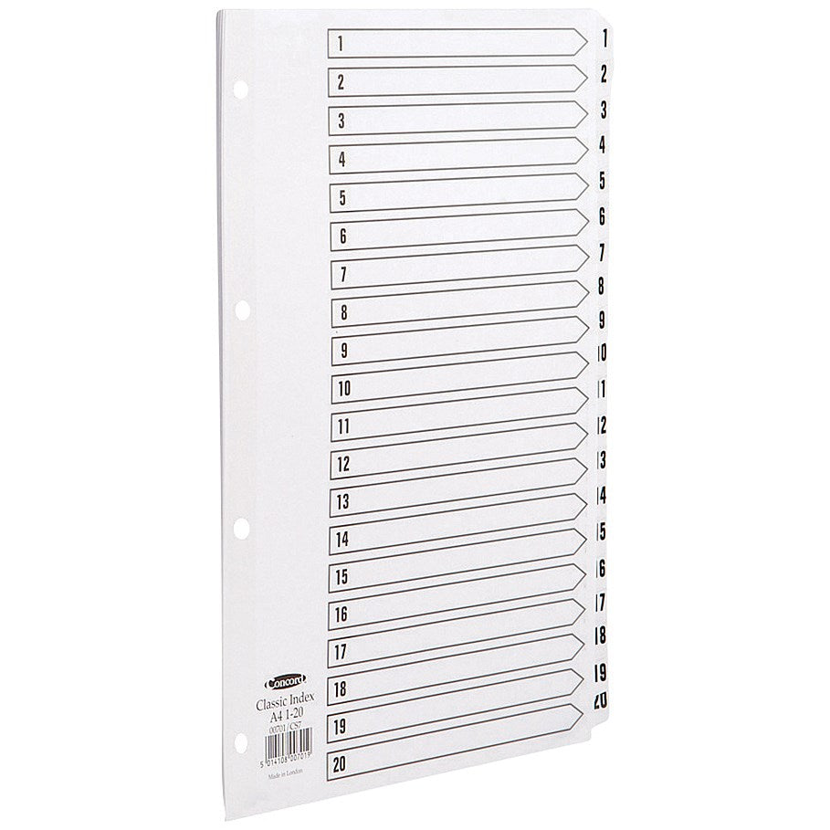 Concord Reinforced Board Index Dividers, 1-20, Clear Tabs, A4, White