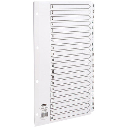 Concord Reinforced Board Index Dividers, 1-20, Clear Tabs, A4, White