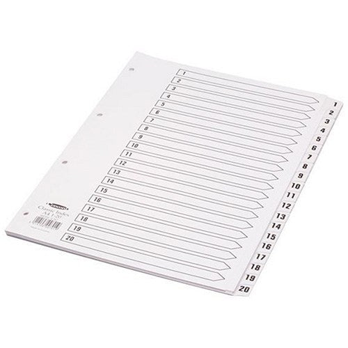 Concord Reinforced Board Index Dividers, 1-20, Clear Tabs, A4, White
