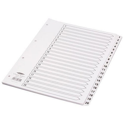 Concord Reinforced Board Index Dividers, 1-20, Clear Tabs, A4, White