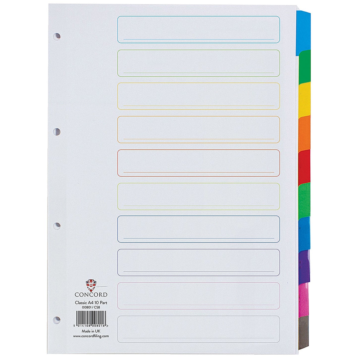 Concord Reinforced Board Subject Dividers, 10-Part, Blank Multicolour Tabs, A4, White