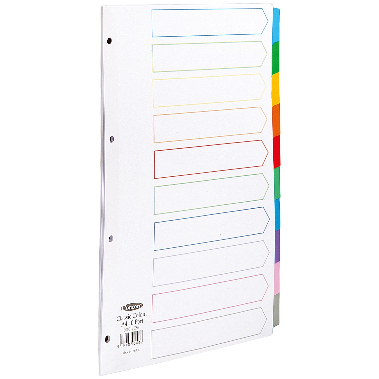 Concord Reinforced Board Subject Dividers, 10-Part, Blank Multicolour Tabs, A4, White