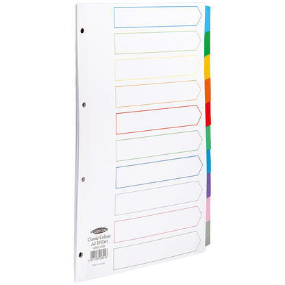 Concord Reinforced Board Subject Dividers, 10-Part, Blank Multicolour Tabs, A4, White