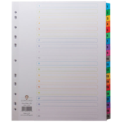 Concord Reinforced Board Index Dividers, Extra Wide, 1-20, Multicolour Tabs, A4, White