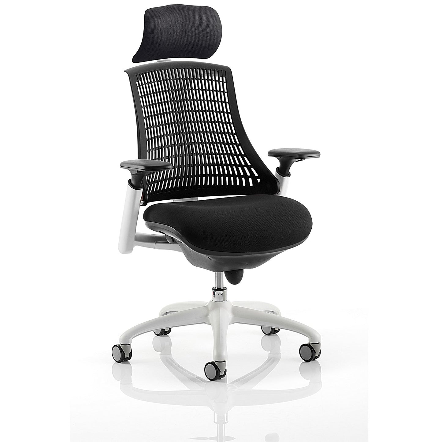 Flex Task White Frame & Black Seat Operator Chair, Headrest, Height Adjustable Arms, Black Back