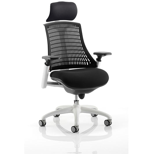 Flex Task White Frame & Black Seat Operator Chair, Headrest, Height Adjustable Arms, Black Back