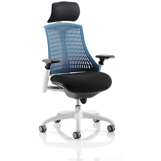 Flex Task White Frame & Black Seat Operator Chair, Headrest, Height Adjustable Arms, Blue Back