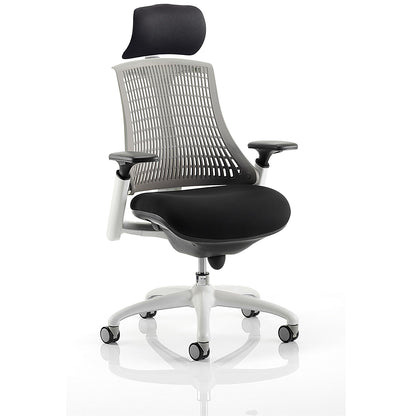 Flex Task White Frame & Black Seat Operator Chair, Headrest, Height Adjustable Arms, Grey Back