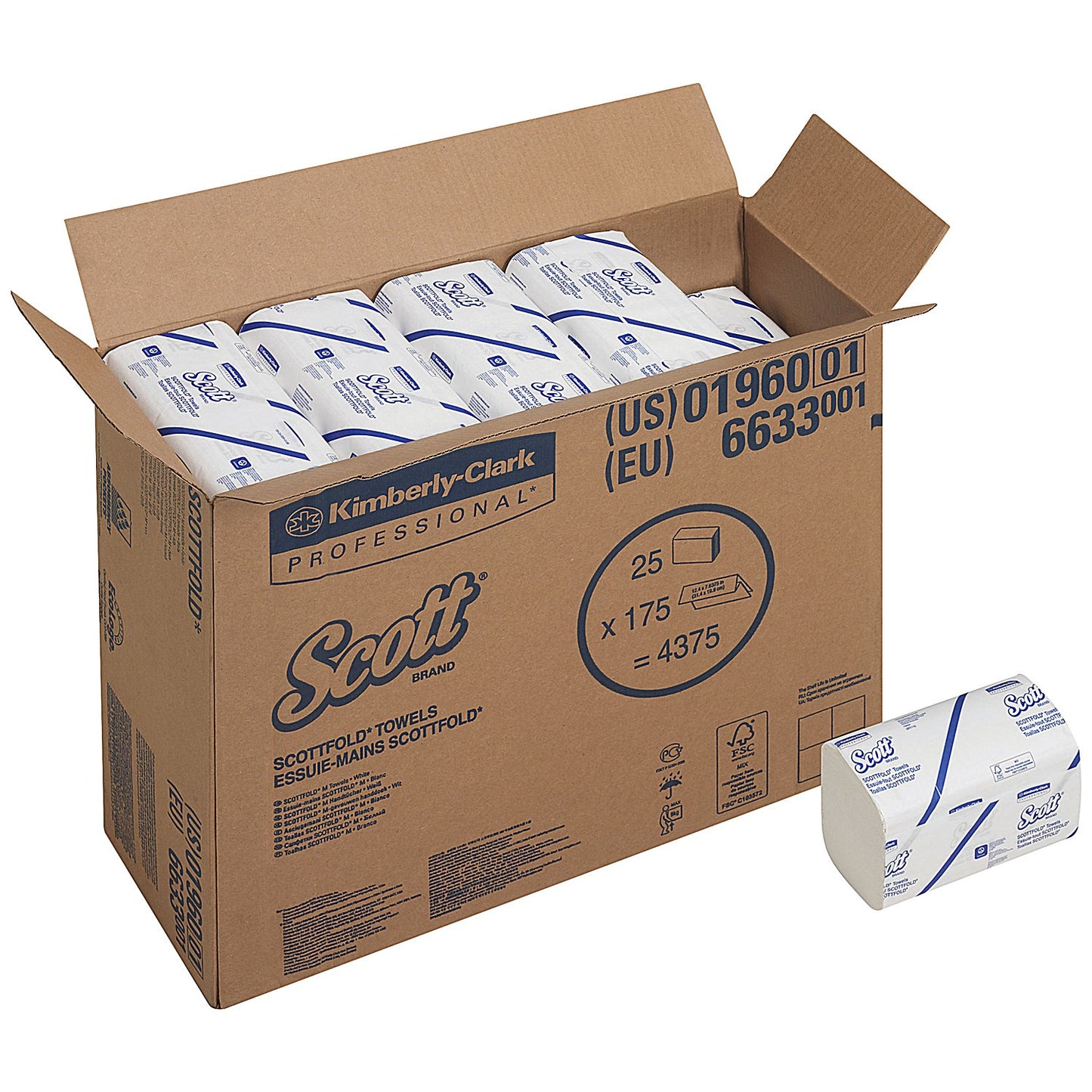 Scott 1-Ply M-Fold Hand Towels, White, Pack of 4375
