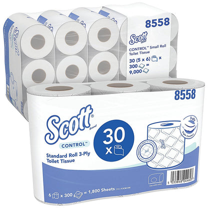 Scott Control Toilet Tissue Standard Roll, 3-Ply, 300 Sheets Per Roll, White, Pack of 30