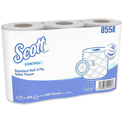 Scott Control Toilet Tissue Standard Roll, 3-Ply, 300 Sheets Per Roll, White, Pack of 30
