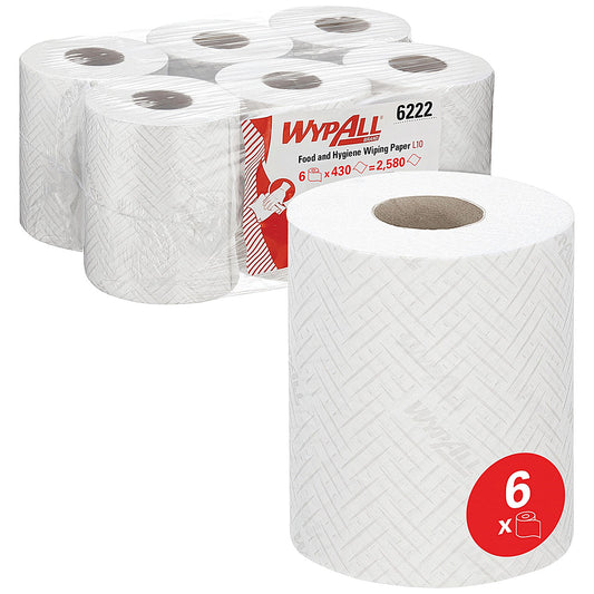 Wypall L10 1-Ply Hygiene Centrefeed Paper Roll, 163m, White, Pack of 6