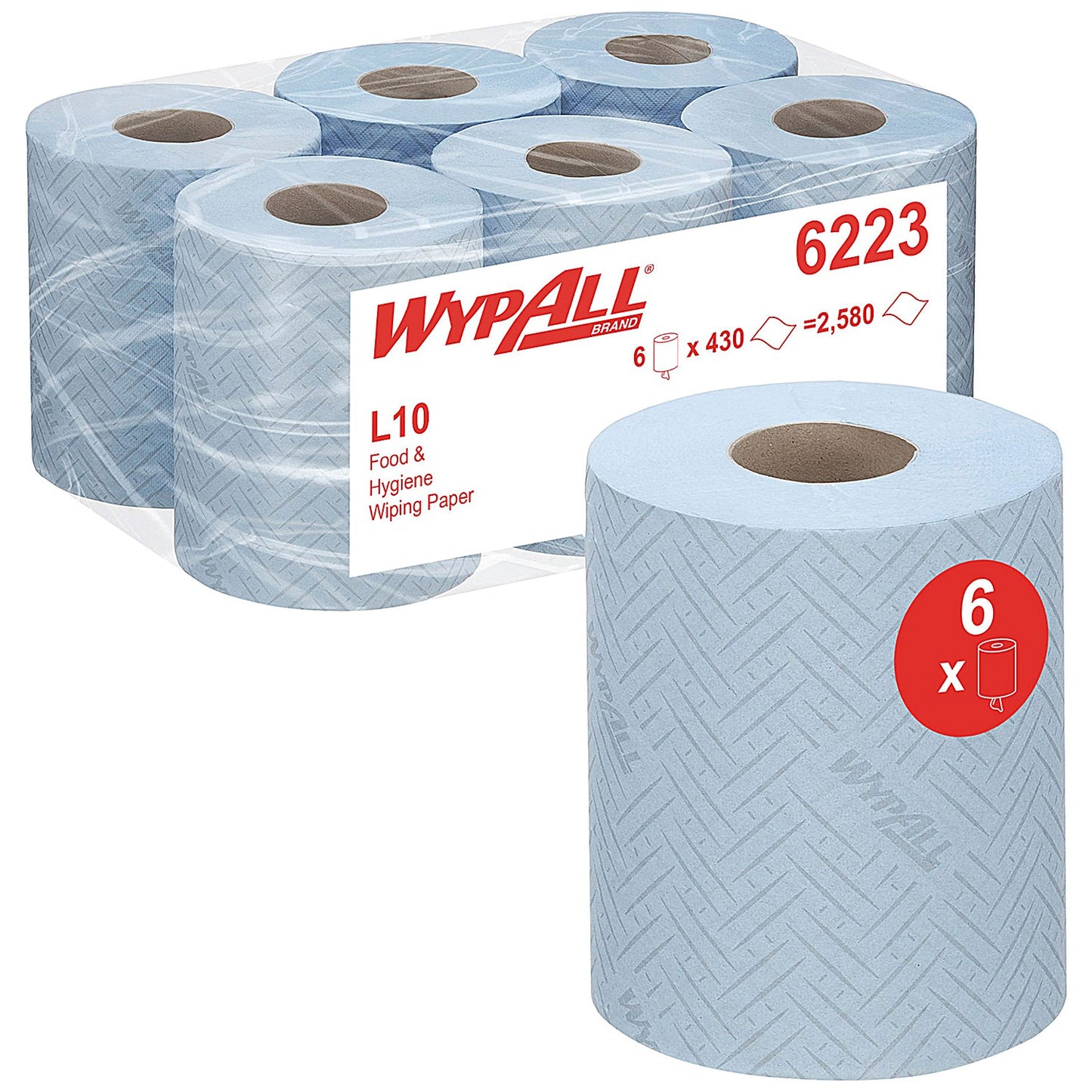 Wypall L10 1-Ply Hygiene Centrefeed Paper Roll, 163m, Blue, Pack of 6