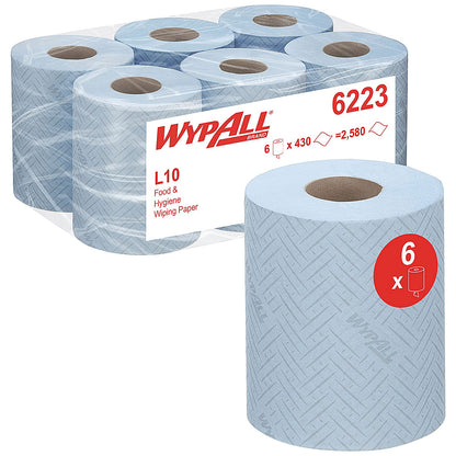 Wypall L10 1-Ply Hygiene Centrefeed Paper Roll, 163m, Blue, Pack of 6