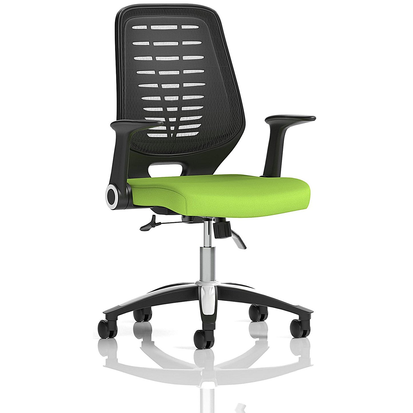 Relay Task Black Mesh Back Operator Chair, Folding Arms, Myrrh Green