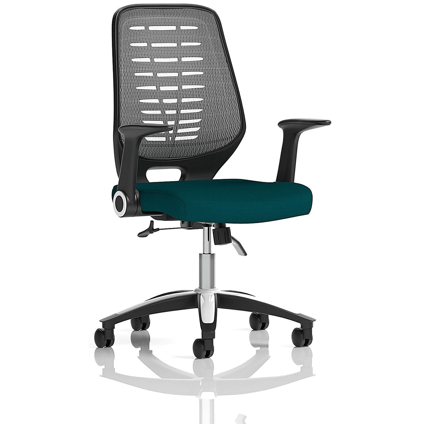Relay Task Silver Mesh Back Operator Chair, Folding Arms, Maringa Teal Easy2Order : KCUP0519