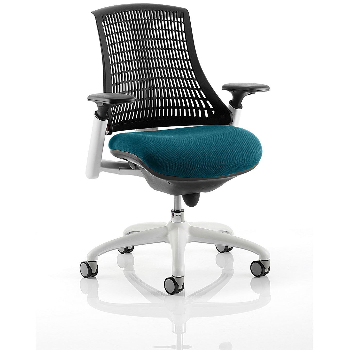 Flex Task Black Back White Frame Operator Chair, Height Adjustable Arms, Maringa Teal