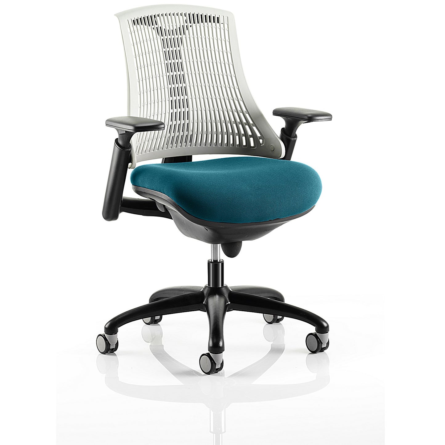 Flex Task White Back Black Frame Operator Chair, Height Adjustable Arms, Maringa Teal