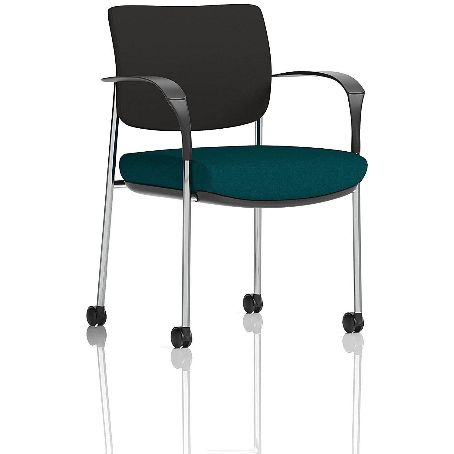 Brunswick Deluxe Visitors Chair, Chrome Frame, Black Back, With Arms and Castors, Maringa Teal Easy2Order : KCUP2099
