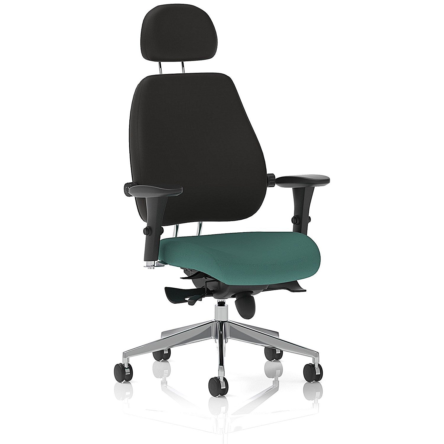 Chiro Plus High Black Back Chair With Headrest, Height Adjustable Arms, Quest Kelp Easy2Order : KCUP2806