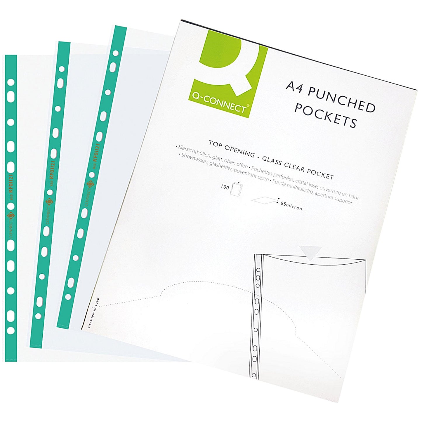 Q-Connect A4 Deluxe Punched Pockets, 65 micron, Top Opening, Pack of 100
