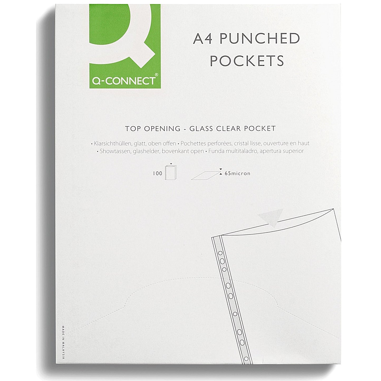 Q-Connect A4 Deluxe Punched Pockets, 65 micron, Top Opening, Pack of 100