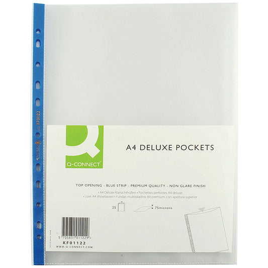 Q-Connect Deluxe A4 Punched Pockets, 75 Micron, Top Opening, Pack of 25