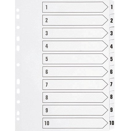 Q-Connect Plastic Index Dividers, 1-10, Clear Tabs, A4, White