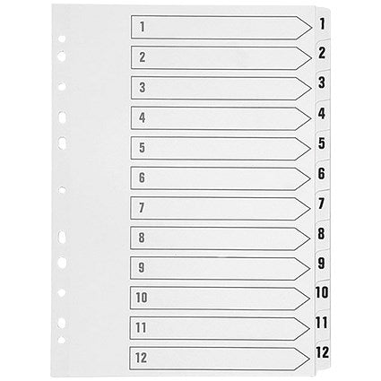 Q-Connect Plastic Index Dividers, 1-12, Clear Tabs, A4, White