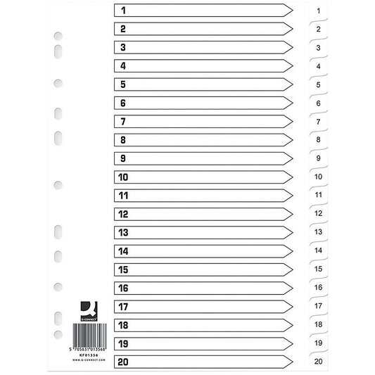 Q-Connect Plastic Index Dividers, 1-20, Clear Tabs, A4, White (Pack of 10)