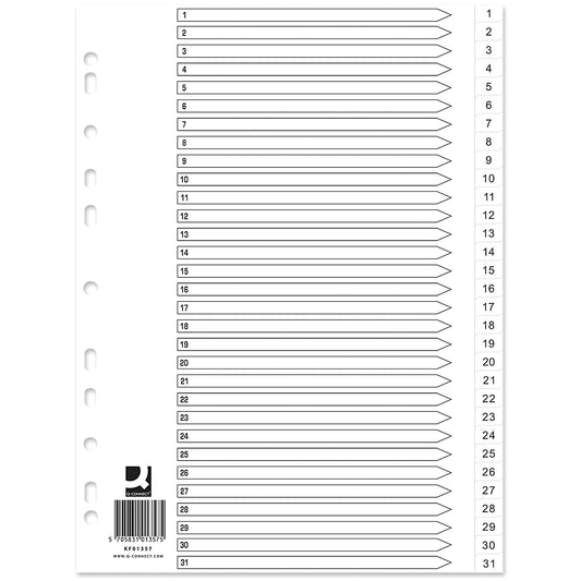 Q-Connect Plastic Index Dividers, 1-31, Clear Tabs, A4, White, Pack of 10