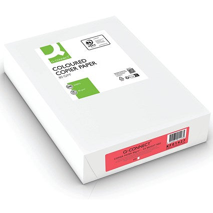 Q-Connect A4 Coloured Paper, Bright Red, 80gsm, Ream (500 Sheets)