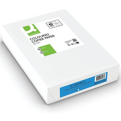 Q-Connect A4 Coloured Paper, Bright Blue, 80gsm, Ream (500 Sheets)