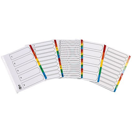 Q-Connect Reinforced Board Index Dividers, 1-5, Multicolour Tabs, A4, White