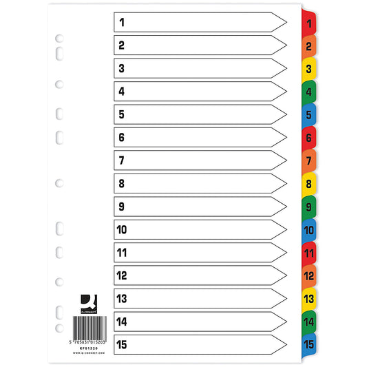 Q-Connect Reinforced Board Index Dividers, 1-15, Multicolour Tabs, A4, White, Pack of 10