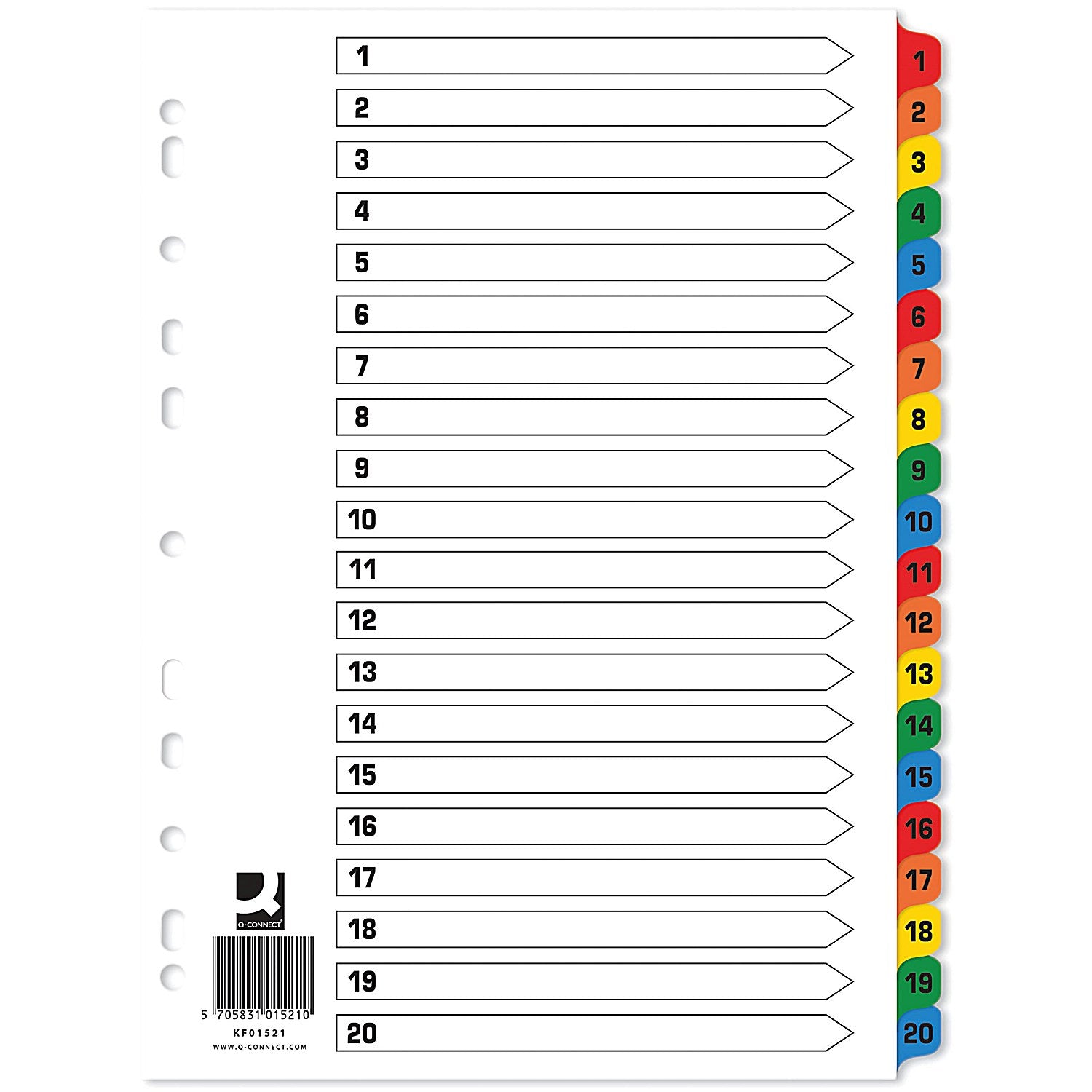 Q-Connect Reinforced Board Index Dividers, 1-20, Multicolour Tabs, A4, White, Pack of 10