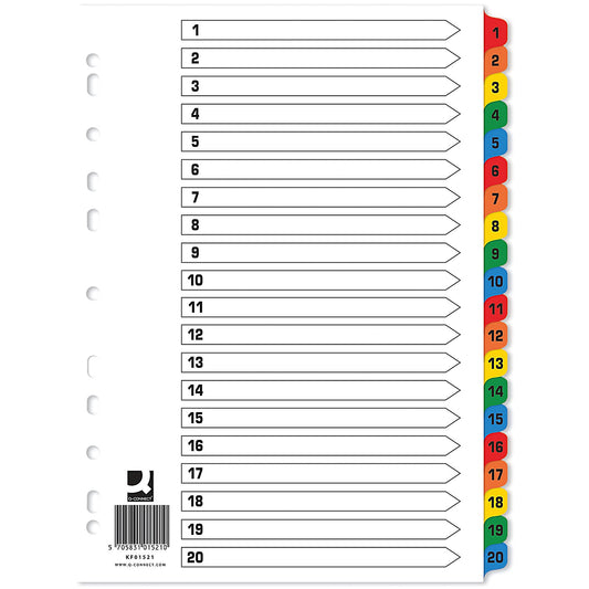 Q-Connect Reinforced Board Index Dividers, 1-20, Multicolour Tabs, A4, White, Pack of 10