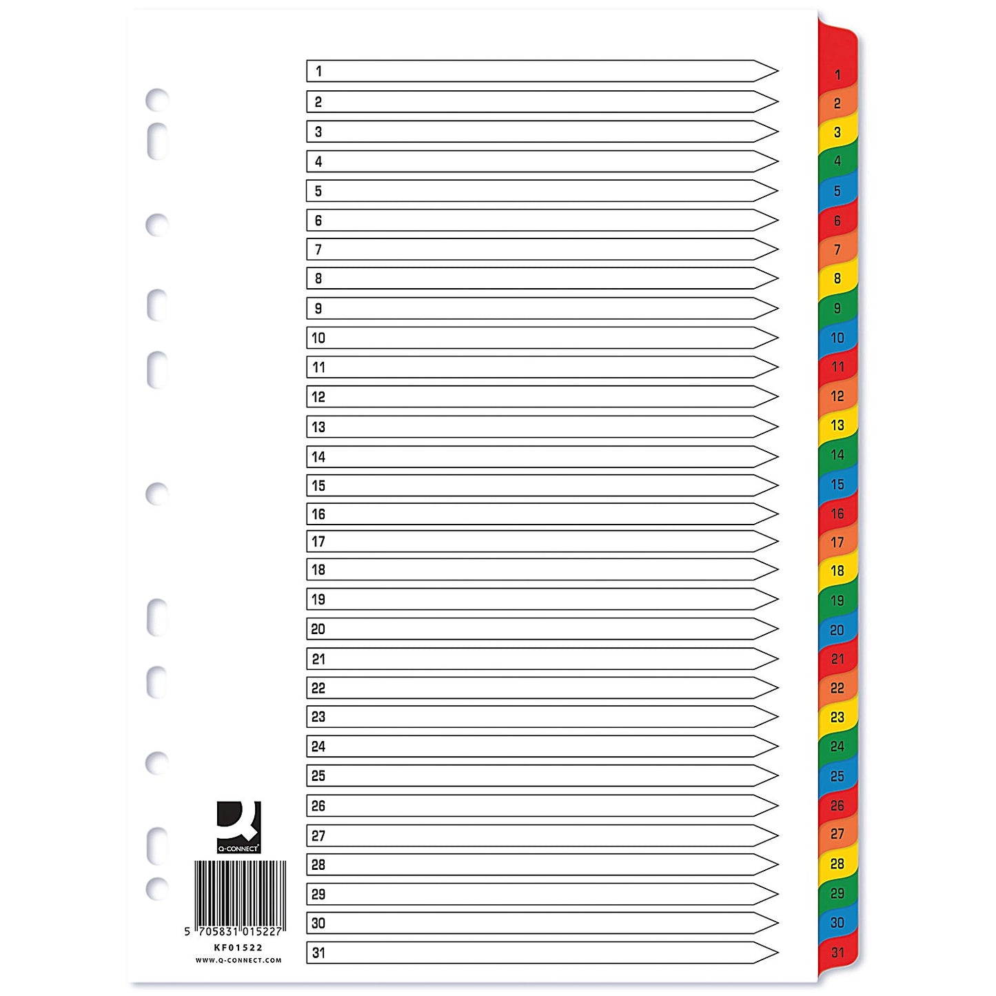 Q-Connect Reinforced Board Index Dividers, 1-31, Multicolour Tabs, A4, White