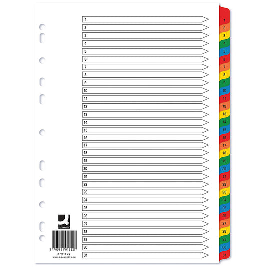 Q-Connect Reinforced Board Index Dividers, 1-31, Multicolour Tabs, A4, White