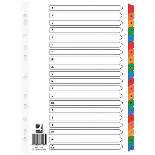 Q-Connect Reinforced Board Index Dividers, A-Z, Multicolour Tabs, A4, White, Pack of 10
